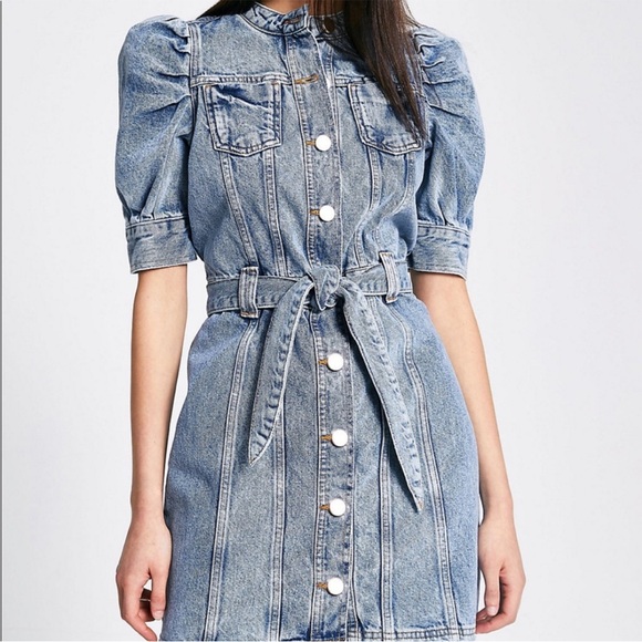 NEW River Island Denim Puff Sleeve Button Down Belted Mini Dress US Size 16 NWT - Picture 3 of 9